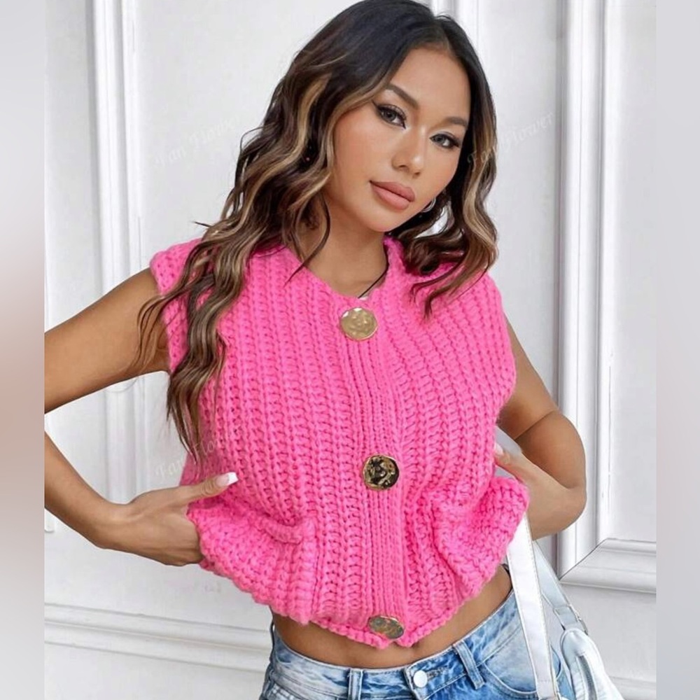 Sleeveless Chunky Knit Button Vest - Hot Pink - Picture 5 of 7